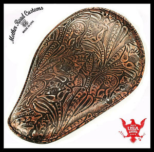 Spring Seat Chopper Bobber Harley Sportster 10x13 Blk Copper Dis Tooled Leather - Mother Road Customs