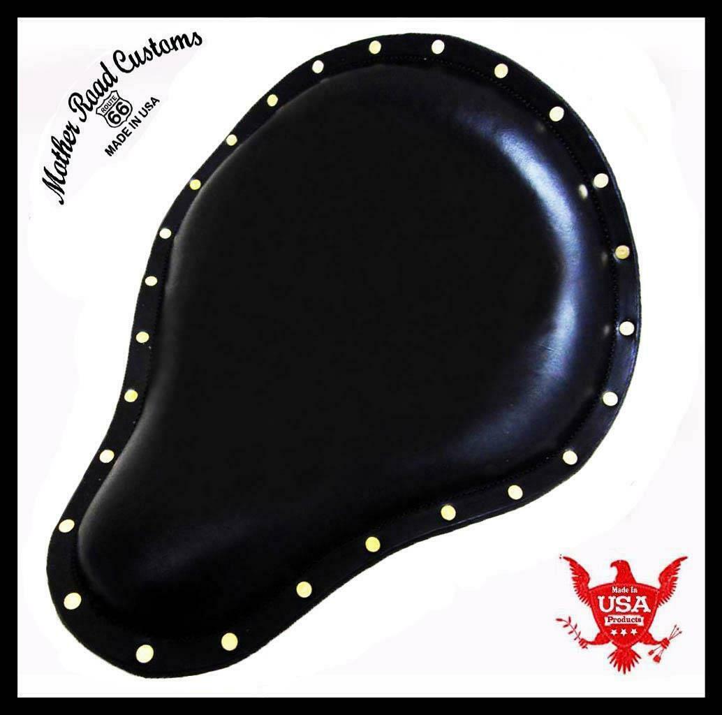 Spring Solo Seat Harley Sportster Chopper 14x16x1" Black Leather Brass Rivets