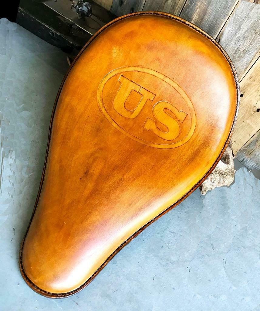 11x16 Gel Tan US Tooled Leather Spring Solo Seat  Chopper Bobber Harley Softail - Mother Road Customs