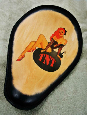 TNT Pin Up Tattoo Spring Seat Black Frame Leather Chopper Harley Sportster - Mother Road Customs