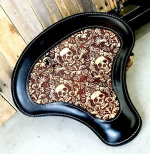 Spring Seat Chopper Sportster Harley 15x14" Scroll Skull Engraved Tooled Leather