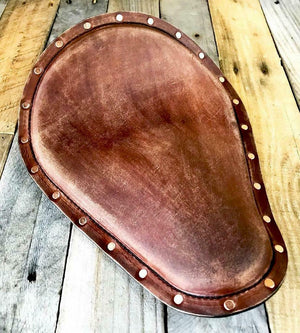 Seat Chopper Bobber Harley Sportster Brown Distressed Leather Copper Rivets USA! - Mother Road Customs