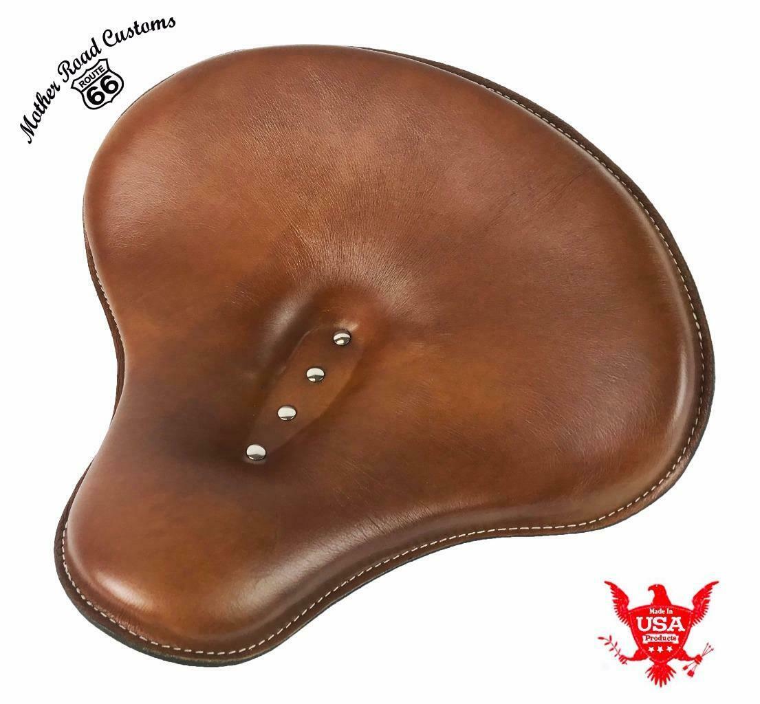 Spring Solo Tractor Seat 15x14" Desert Tan Leather Harley Sportster Indian Scout - Mother Road Customs