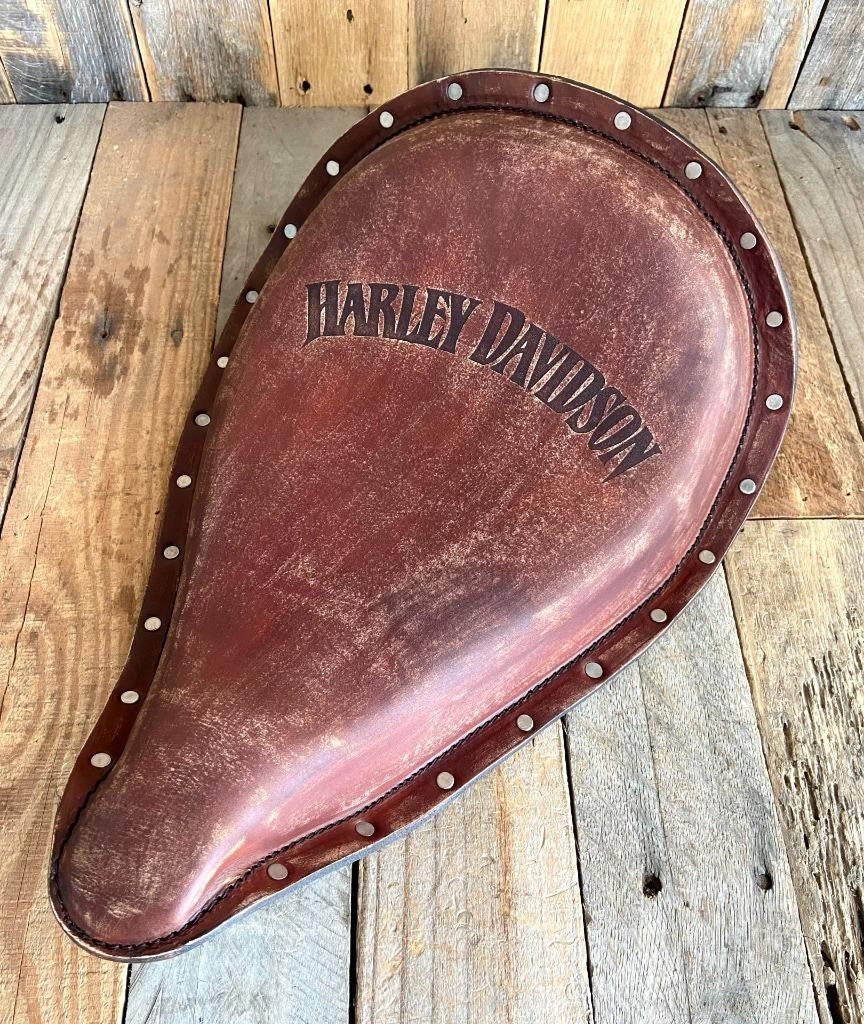 2010-2022 Sportster Harley Frame Seat Brown Distressed Leather Roll Up Engraved - Mother Road Customs