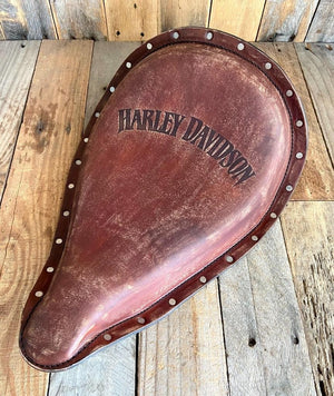 2010-2022 Sportster Harley Frame Seat Brown Distressed Leather Roll Up Engraved - Mother Road Customs