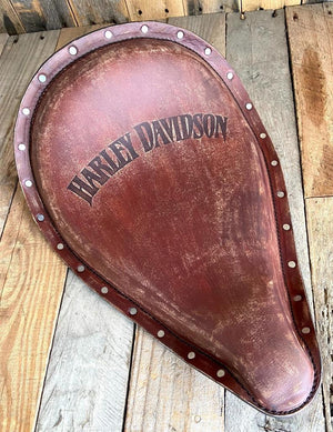 2010-2022 Sportster Harley Frame Seat Brown Distressed Leather Roll Up Engraved - Mother Road Customs