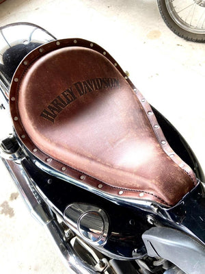 2010-2022 Sportster Harley Frame Seat Brown Distressed Leather Roll Up Engraved - Mother Road Customs