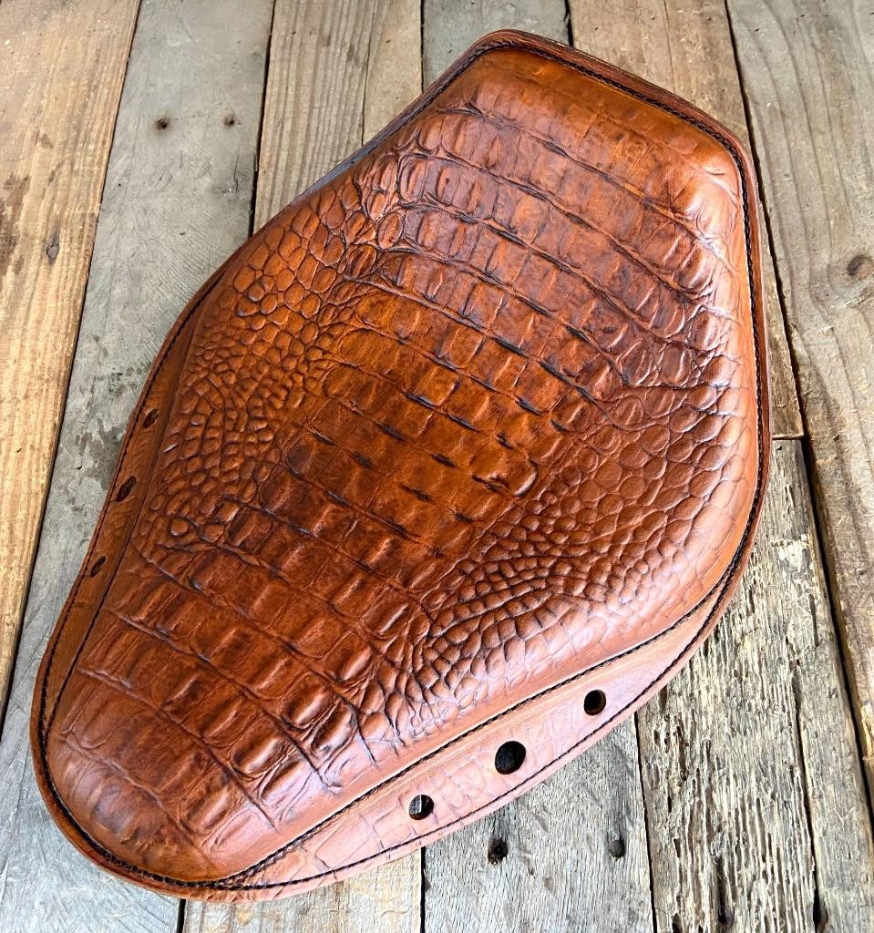Spring Seat Chopper Harley Sportster 10x13 Board Track Tan Alligator Leather - Mother Road Customs