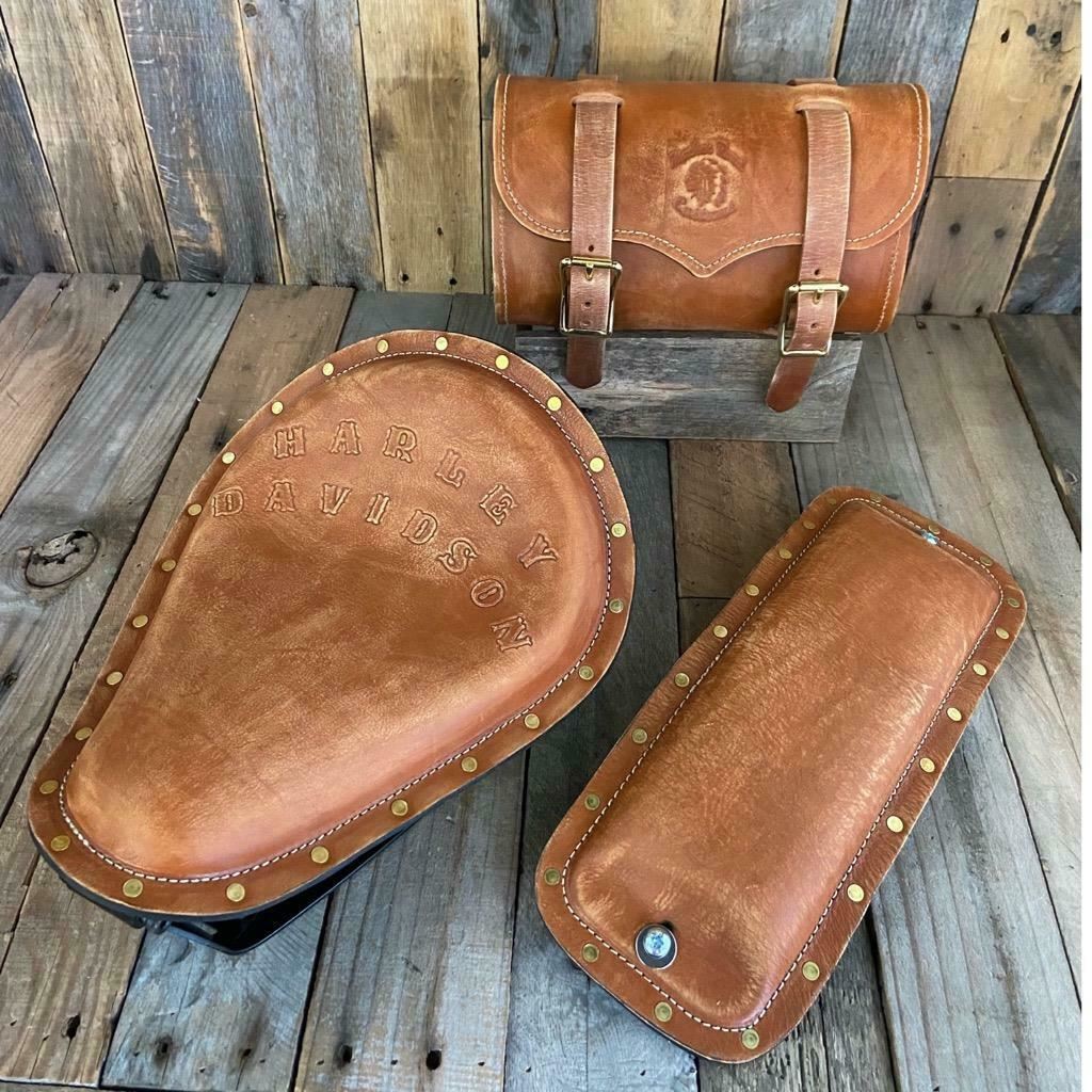 1982-2003 Sportster Harley Spring Seat Conversion Kit Tan Dist P-Pad Tool Roll