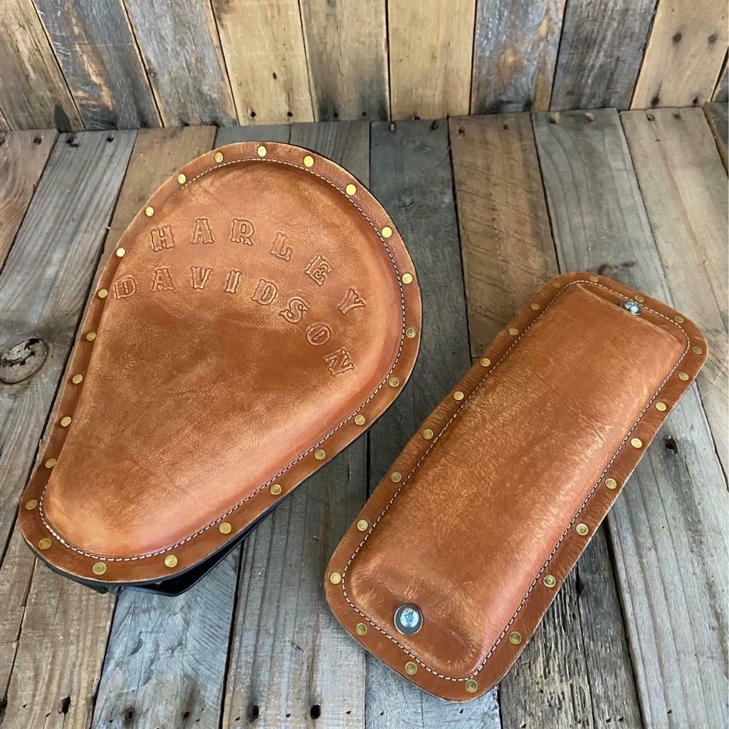 1982-2003 Sportster Harley Spring Seat Conversion Kit Tan Dist Leather Seat P-Pad