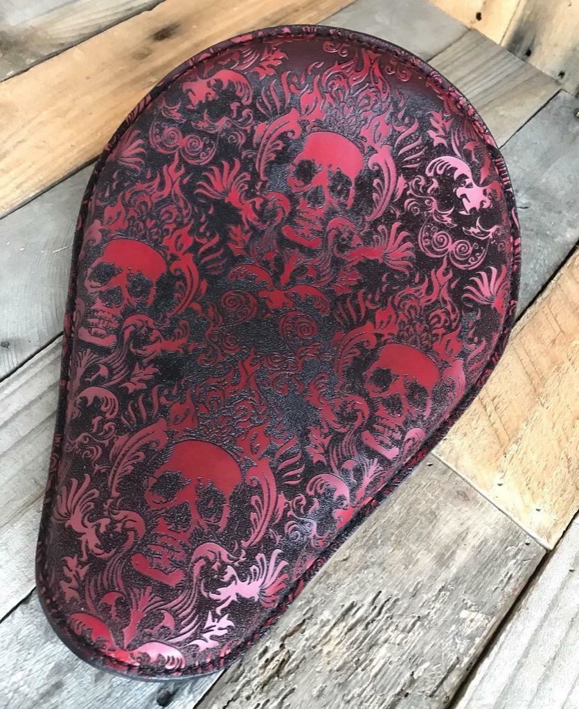 10x13" Scroll Skull Engraved Tooled Spring Leather Seat Chopper Sportster Harley