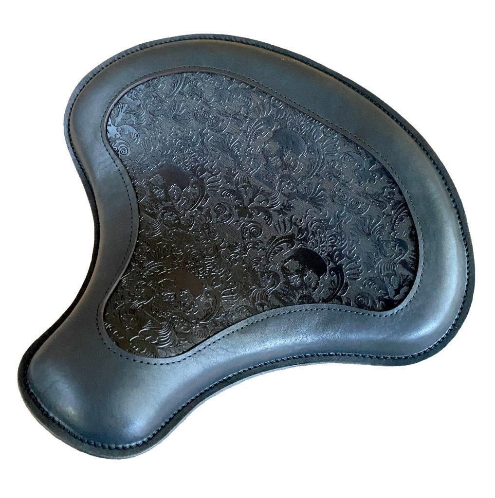 Spring Seat Chopper Sportster Harley 15x14" Scroll Skull Engraved Tooled Leather