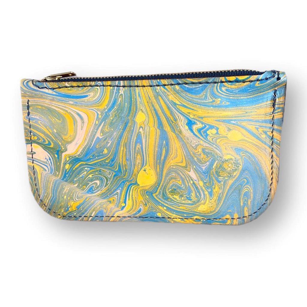 Hand Dipped Ink Art Yellow Blue Leather Zipper Pouch Wallet Purse Women's Men's
