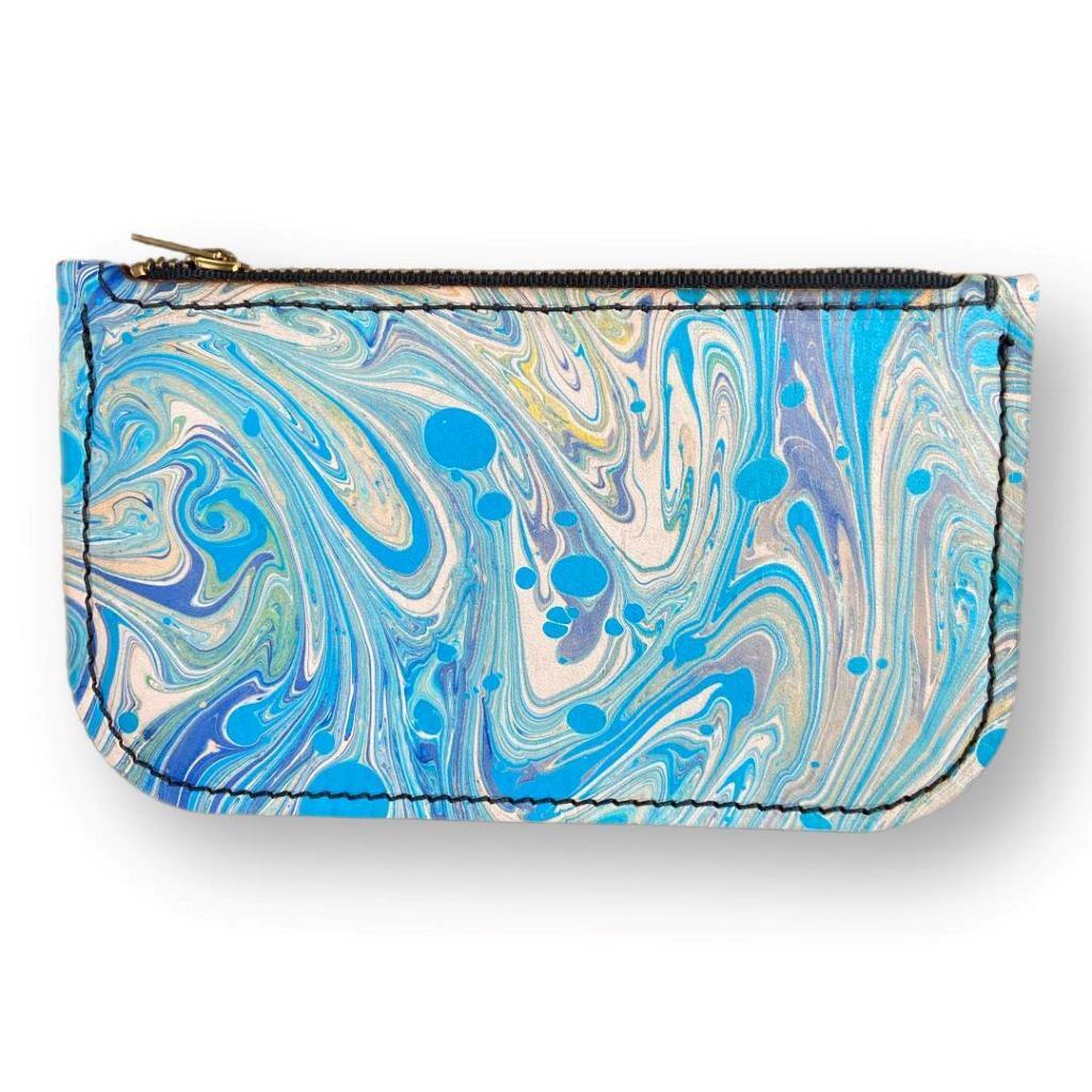 Hand Dipped Ink Art Blue Leather Zipper Pouch Wallet Purse Women's Men's USA