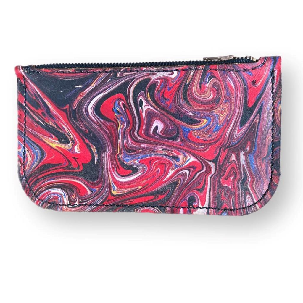 Hand Dipped Ink Art Red Black Leather Zipper Pouch Wallet Purse Women's Men's