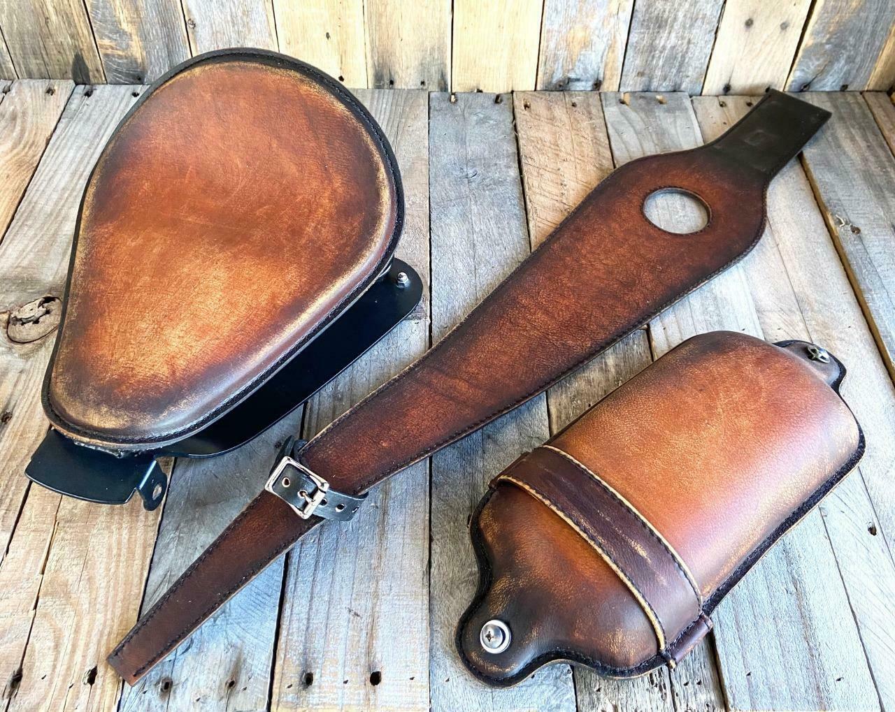 2010-2022 Sportster Harley Kit Spring Seat Brown On Brown Distressed Leather Tank Bib P-Pad