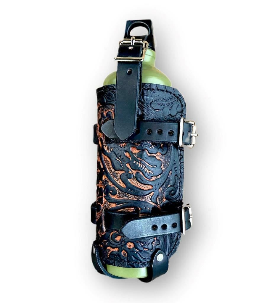 Fuel Bottle With Holder Antique Brown Oak leaf Leather Chopper Bobber Universal