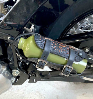Fuel Bottle With Holder Antique Brown Oak leaf Leather Chopper Bobber Universal