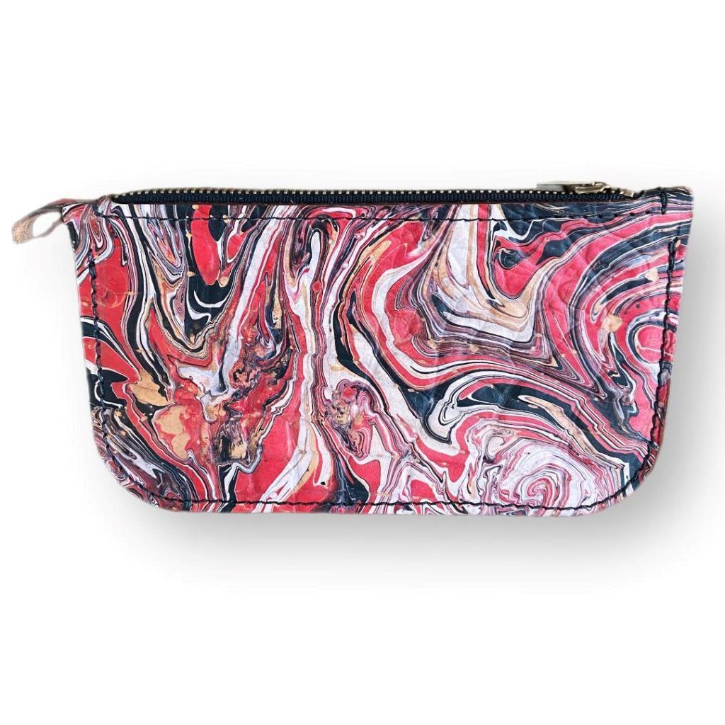 Hand Dipped Ink Art Red Black Leather Zipper Pouch Wallet Purse Women's Men's