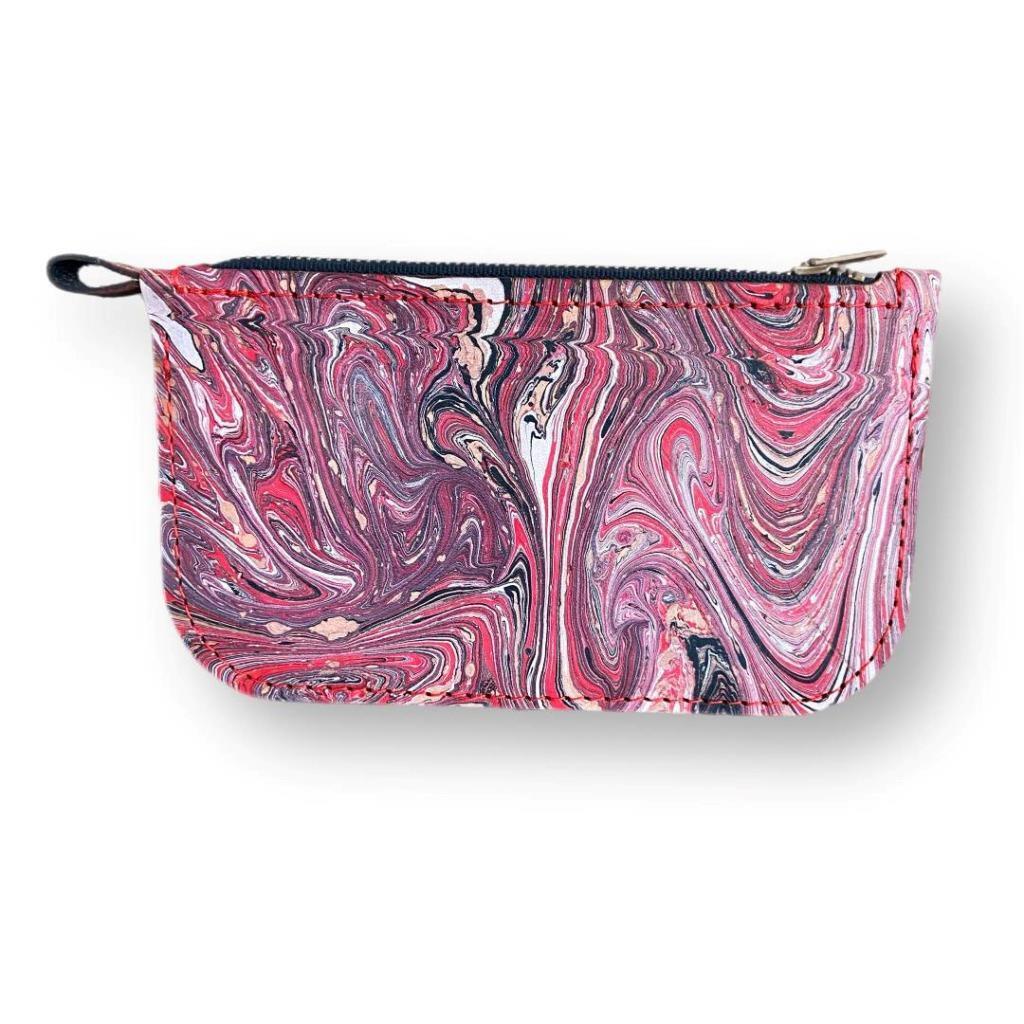 Hand Dipped Ink Art Red Black Leather Zipper Pouch Wallet Purse Women's Men's