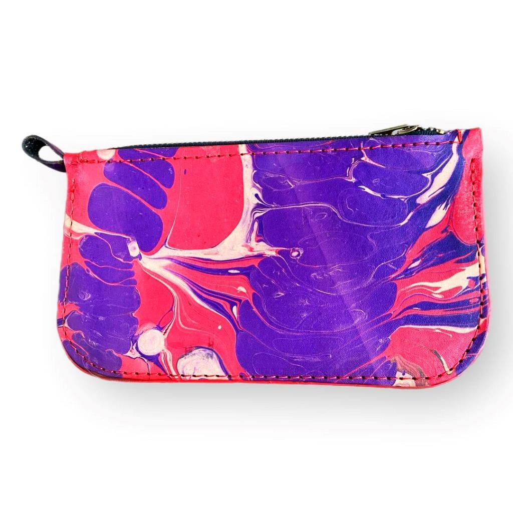 Hand Dipped Ink Art Red Purple Leather Zipper Pouch Wallet Purse Women's Men's