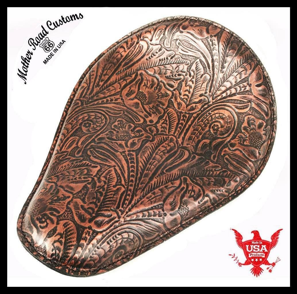 10x13 Black Copper Tooled Leather Spring Seat Chopper Bobber Harley Sportster - Mother Road Customs