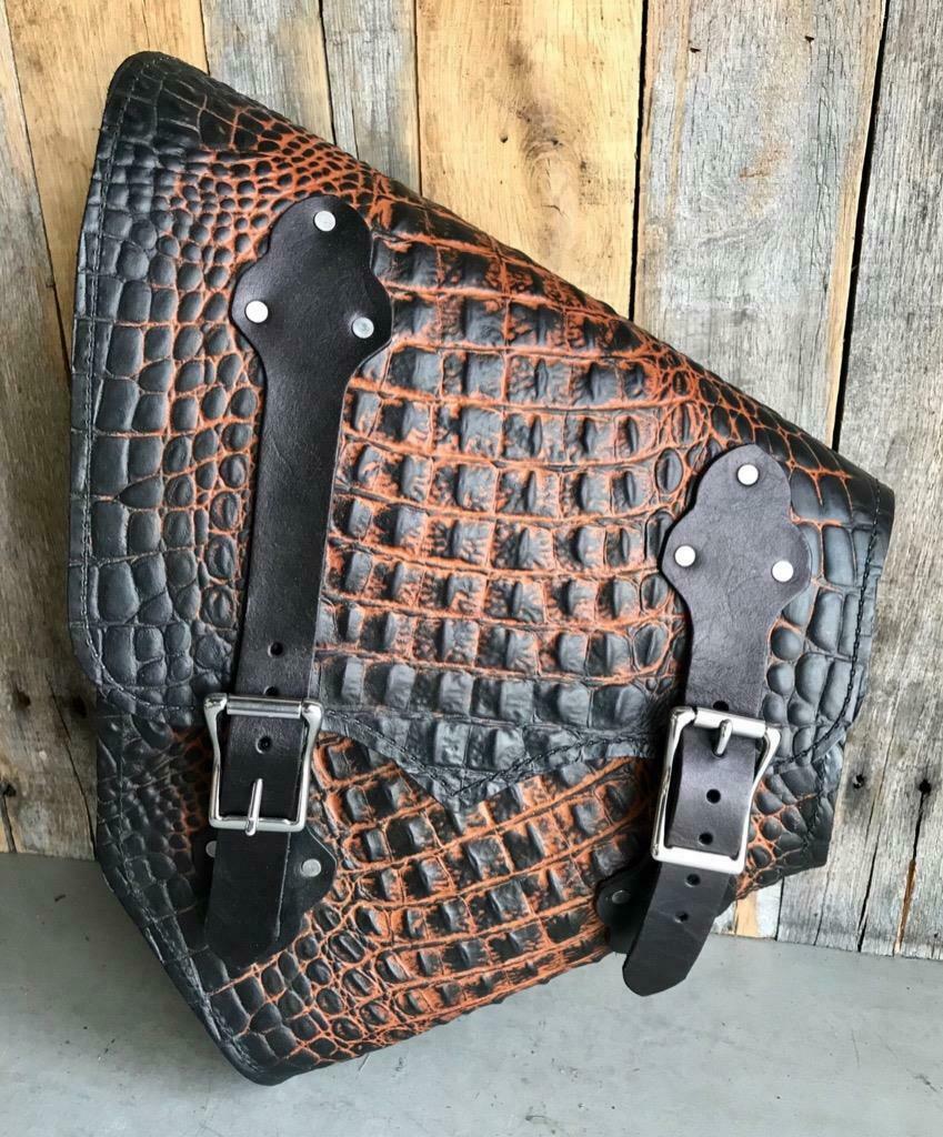 Saddle Bag 2000-2020 Harley Softail & Hardtail Motorcycle Ant Brn Gator Leather - Mother Road Customs