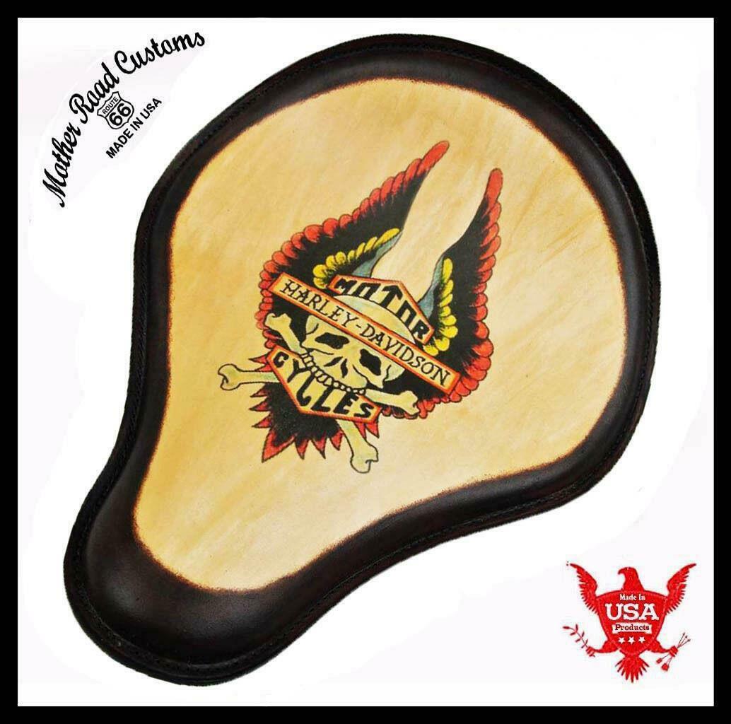 Spring Solo Seat Chopper Sportster Leather 12x13" Harley Wing Tattoo Brown Frame