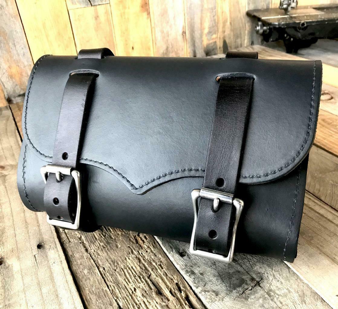 Black Leather Tool Roll Bag Saddle Harley Chopper Bobber Motorcycle Sportster - Mother Road Customs
