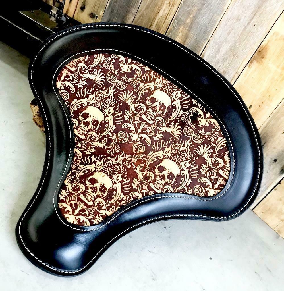 Spring Seat Chopper Sportster Harley 15x14" Scroll Skull Engraved Tooled Leather