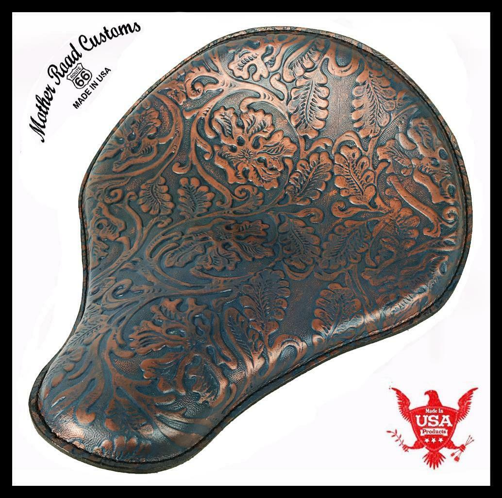 Spring Solo Seat Chopper Sportster Harley 12x13" Blue Copper Oak Leaf