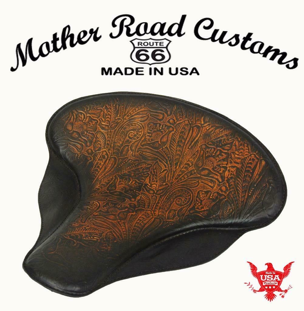 Spring Solo Tractor Seat Harley Touring Indian Chief 17x16" Antique Brown Tooled - Mother Road Customs