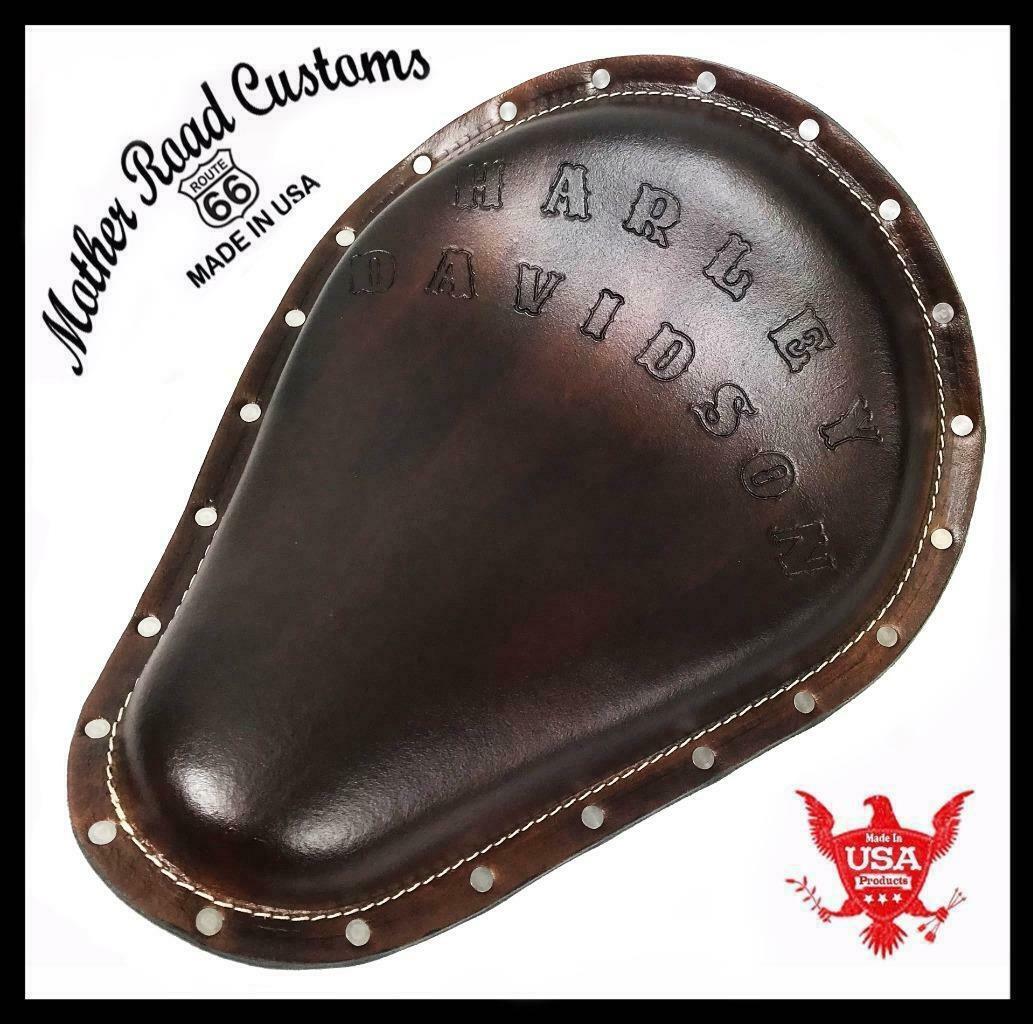 Spring Seat Chopper Harley Davidson Sportster 11x14  Leather Hand Tooled Rivets - Mother Road Customs