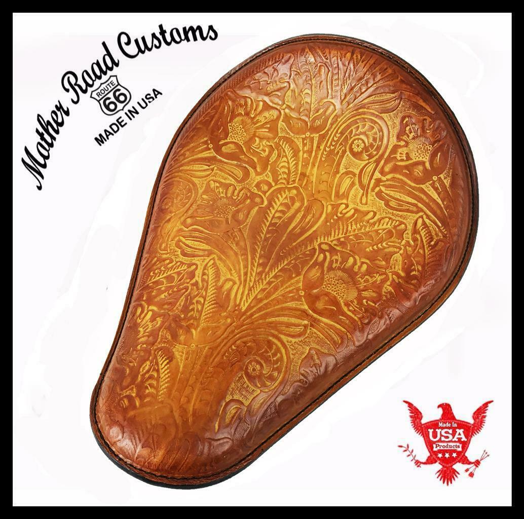 Seat Chopper Harley Sportster Honda Yamaha Bolt 10x13 Tan Brown Tooled Leather - Mother Road Customs