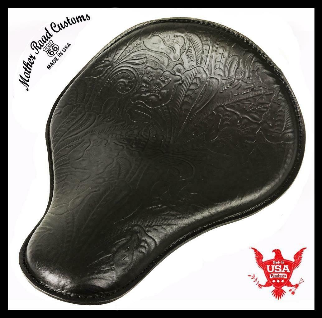 Spring Seat Chopper Bobber Harley Sportster Honda 13x15 Black Tooled Leather MRC - Mother Road Customs