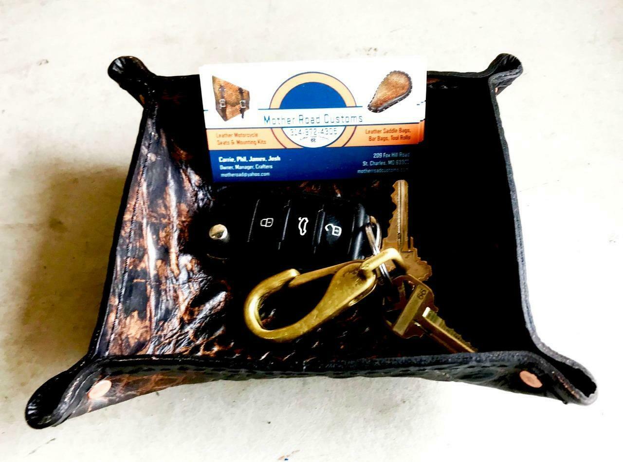 Mother Road Customs Antique Brown Alligator Leather Tray Coin Valet Pocket Dump - Mother Road Customs