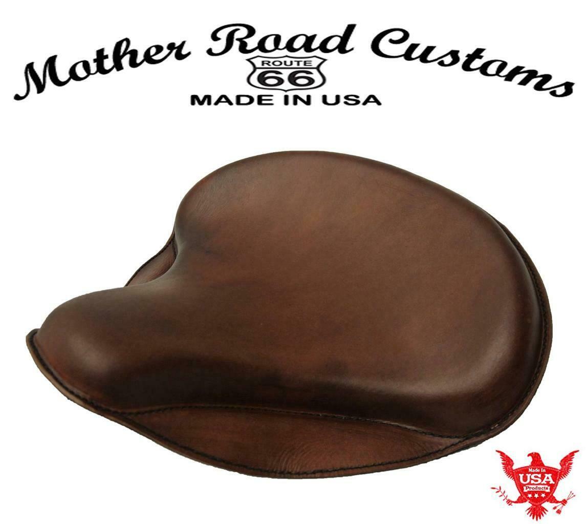 15x14" Brown Leather Spring Solo Tractor Seat Chopper Bobber Harley Sportster - Mother Road Customs