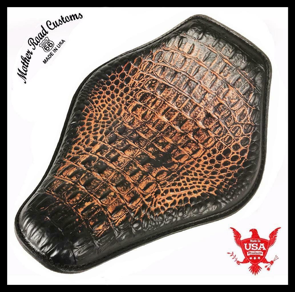 Spring Seat Chopper Bobber Harley Sportster 10x13 AntBrn Gator Snub Nose Leather - Mother Road Customs