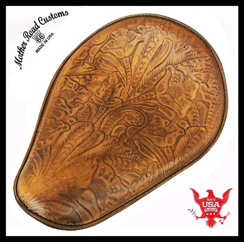 Spring Seat Chopper Bobber Harley Sportster Honda 10x13 Gel Tan Tooled Leather - Mother Road Customs