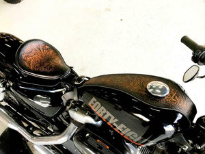 Tank Bib 2004-2020 Harley Sportster Antique Brown Tooled Leather Fits All Models - Mother Road Customs