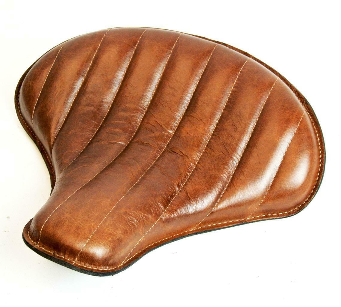 Spring Solo Tractor Seat Chopper Scout Bobber Harley 15x14 Tan Tuck Roll Leather - Mother Road Customs