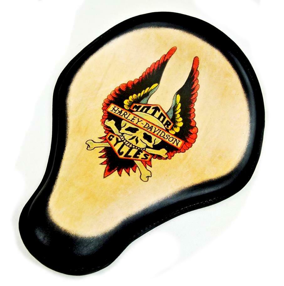 Spring Solo Seat Chopper Sportster 12x13" Harley Wing Tattoo Black Leather Frame