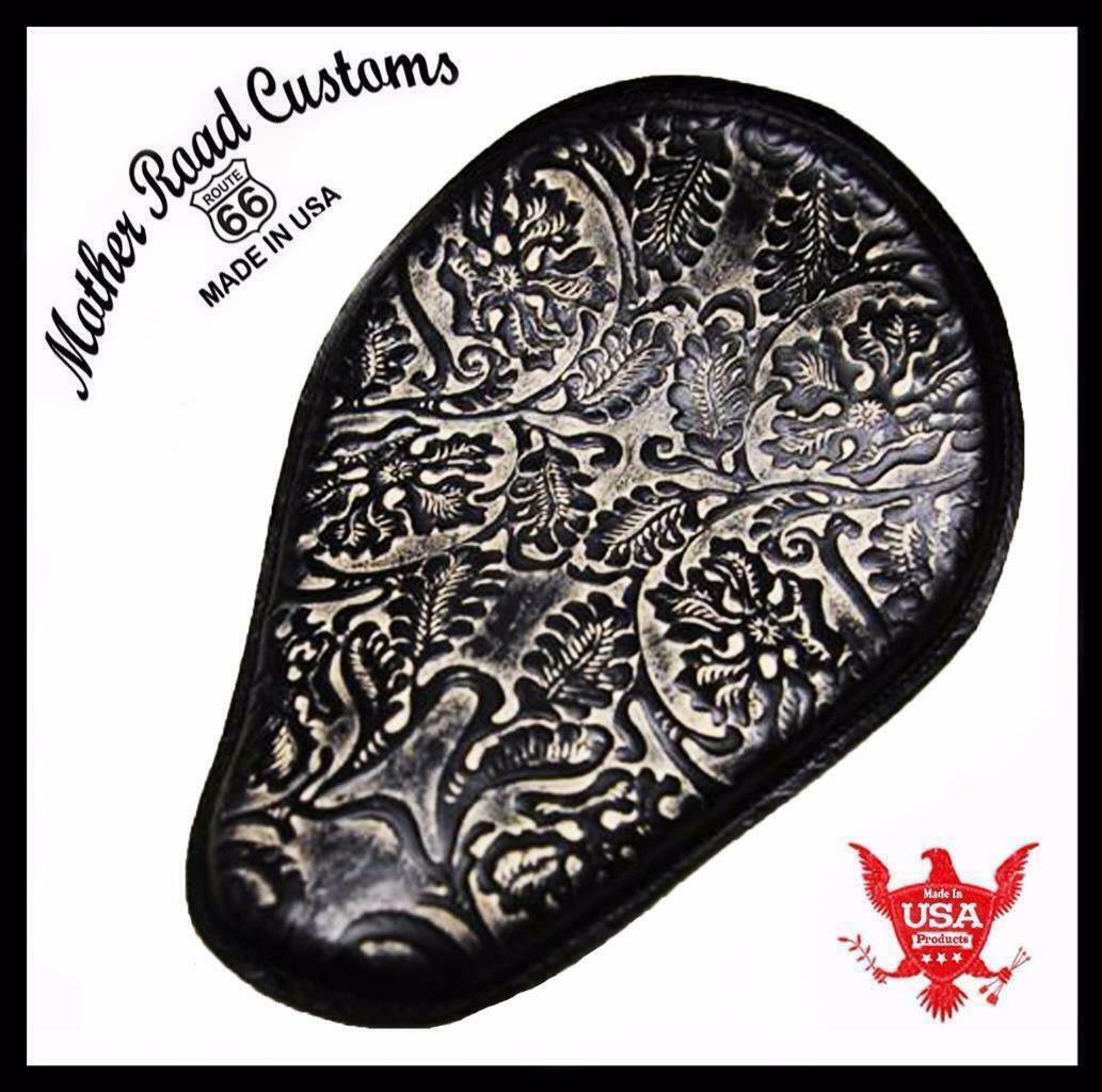 Spring Seat Chopper Bobber Harley Sportster Honda 11x14 NatBlk Oak Leaf Leather - Mother Road Customs
