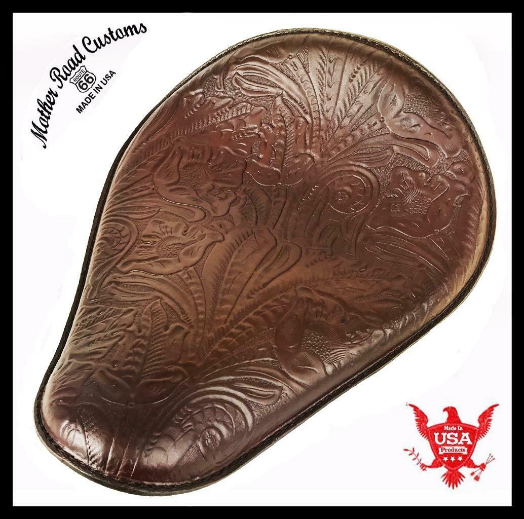 Spring Solo Seat Chopper Bobber Harley Sportster Honda 10x13 Brn Tooled Leather