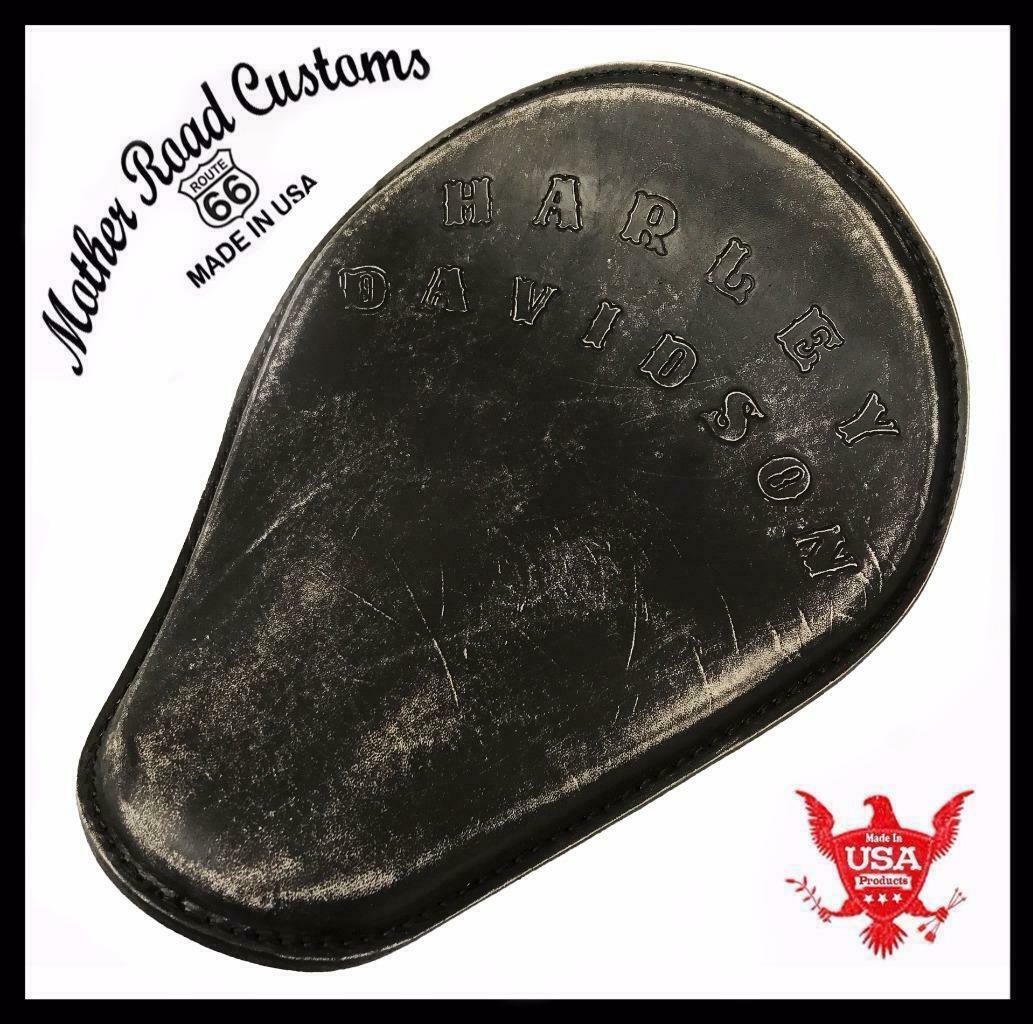 Harley Davidson Sportster Spring Seat 11x14 Black Distressed HandTooled Chopper - Mother Road Customs