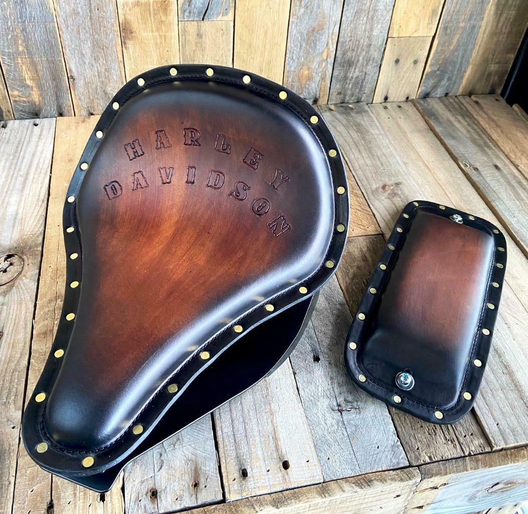 2006-2017 Harley Dyna Spring Solo Tooled Seat, Mounting Kit Sun Burst Rivets pad