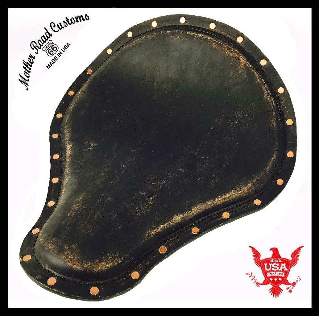 Spring Solo Seat Harley Chopper Sportster 13X14 Brn Dist Leather Copper Rivets