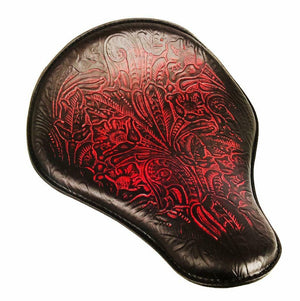 Spring Seat Chopper Bobber Harley Sportster Honda 13x15 Ant Red Tooled Leather - Mother Road Customs