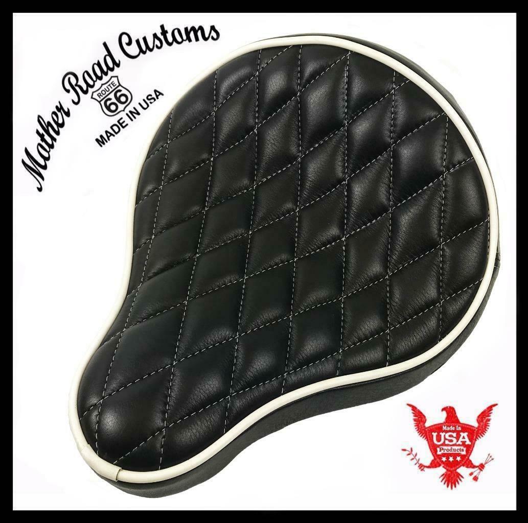 Spring Seat Chopper Sporster Harley Black White Diamond Stitched 12x13" Leather