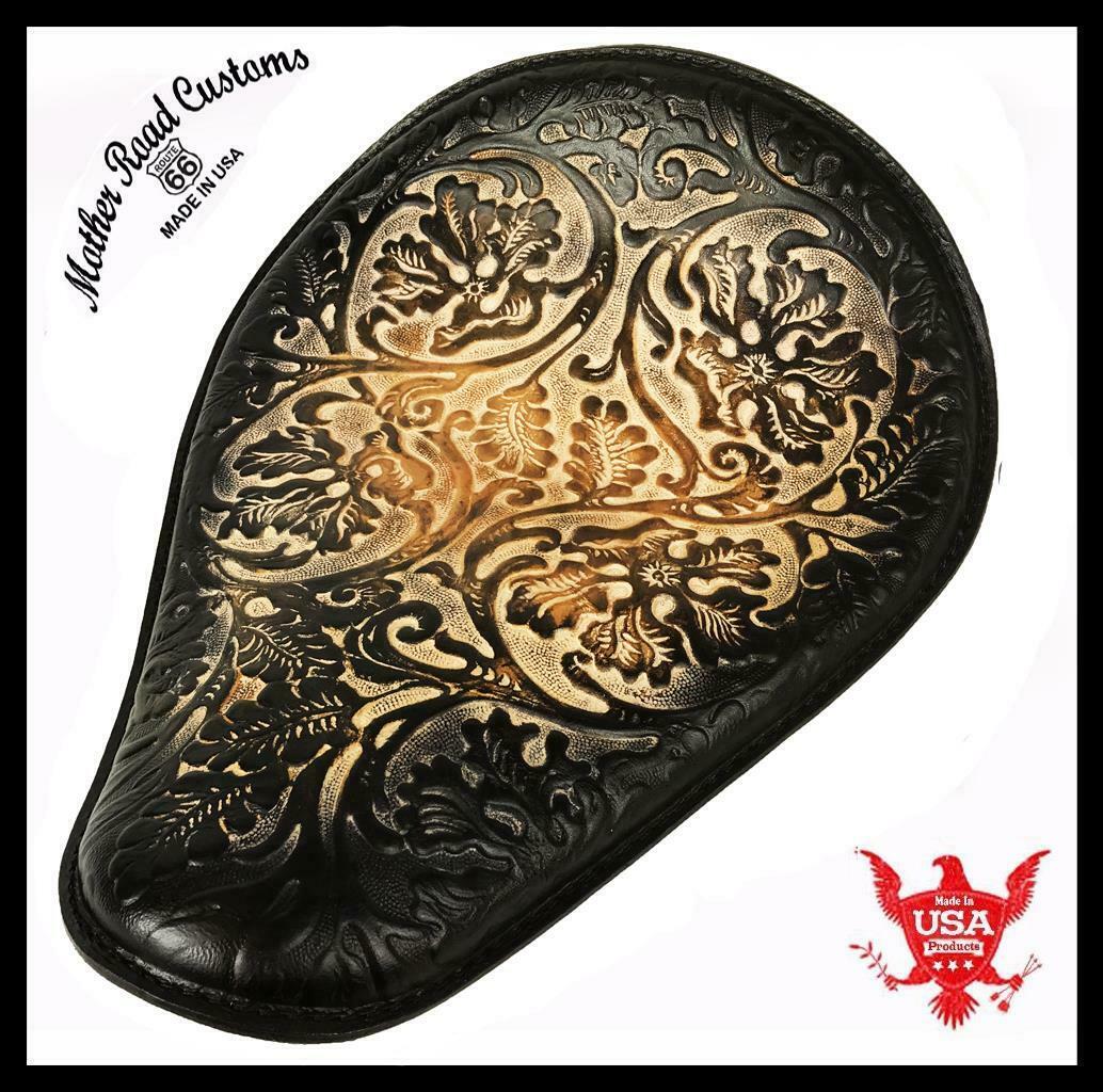 Spring Seat Chopper Bobber Harley Sportster Honda 10x13 BlkBrn Oak Leaf Leather - Mother Road Customs